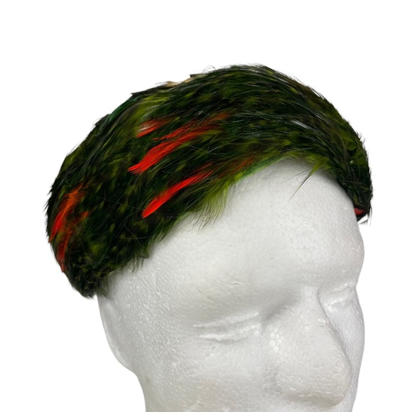 Handmade Vintage Pheasant Pillbox Style Casque Hat Cap Green Dyed High Fashion - Picture 3 of 11